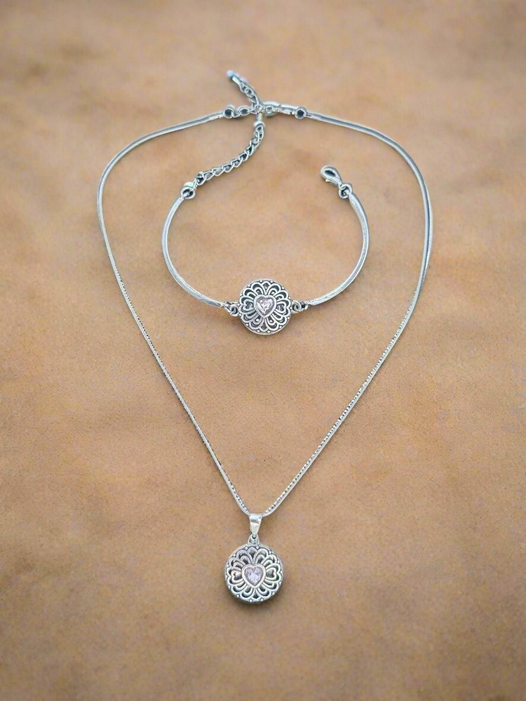 Pink Heart Stone Snap Button Jewelry Necklace and Bracelet set