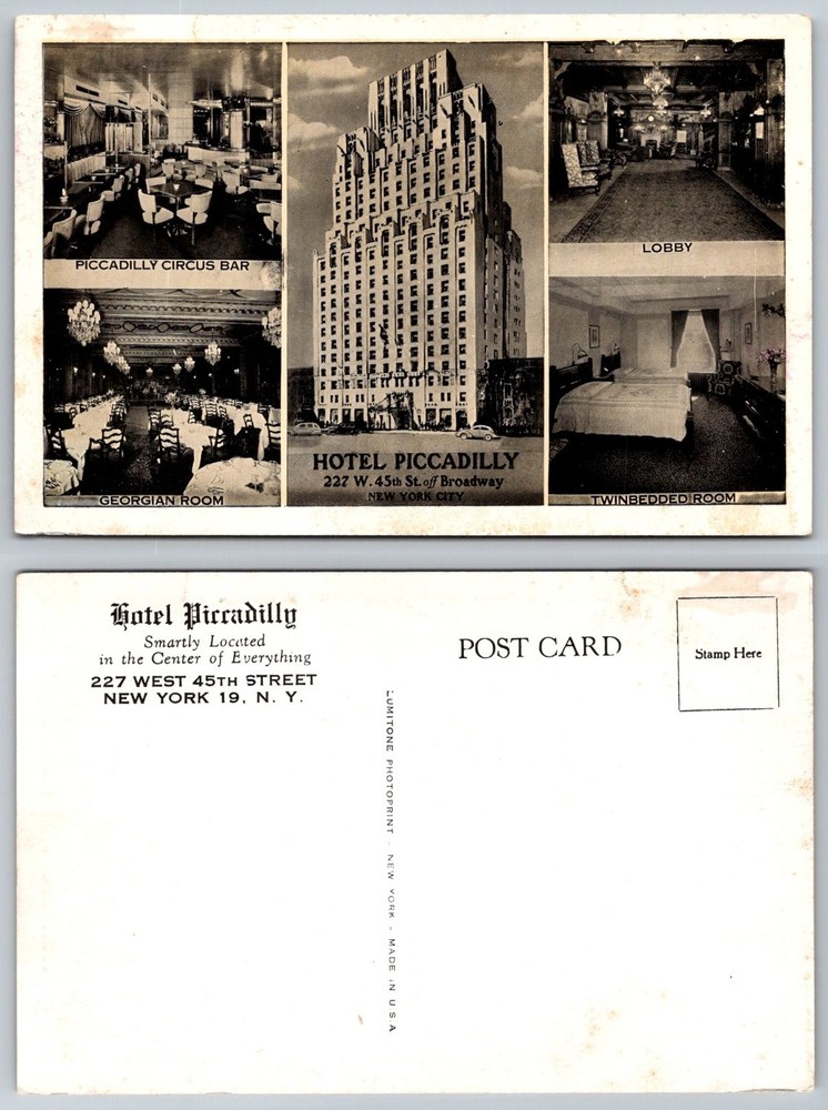Hotel Piccadilly NYC Vintage Postcard - Broadway Lumitone Photoprint