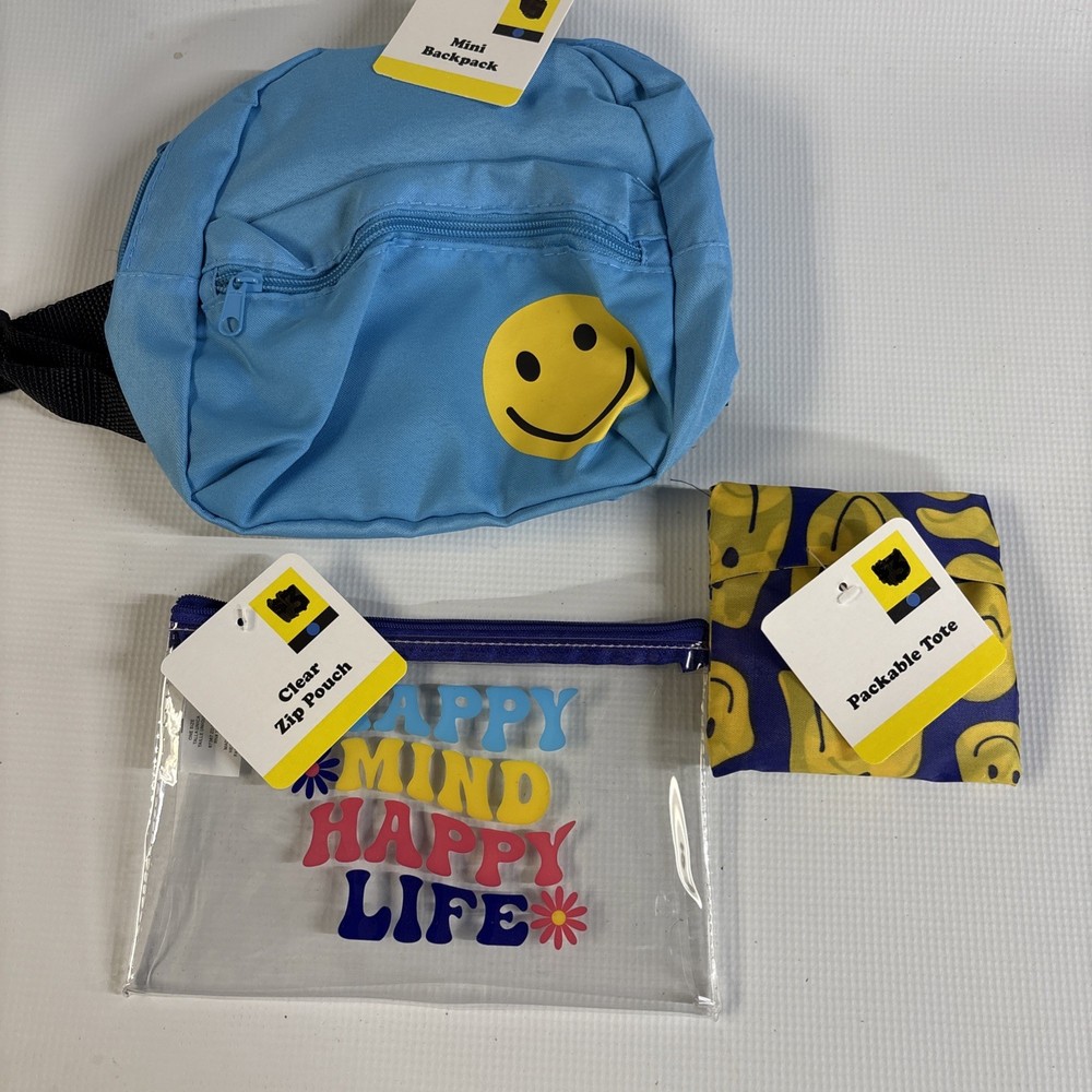 Mini Backpack with Blue Smiley Face - Packable Tote & Pencil Makeup Case Set