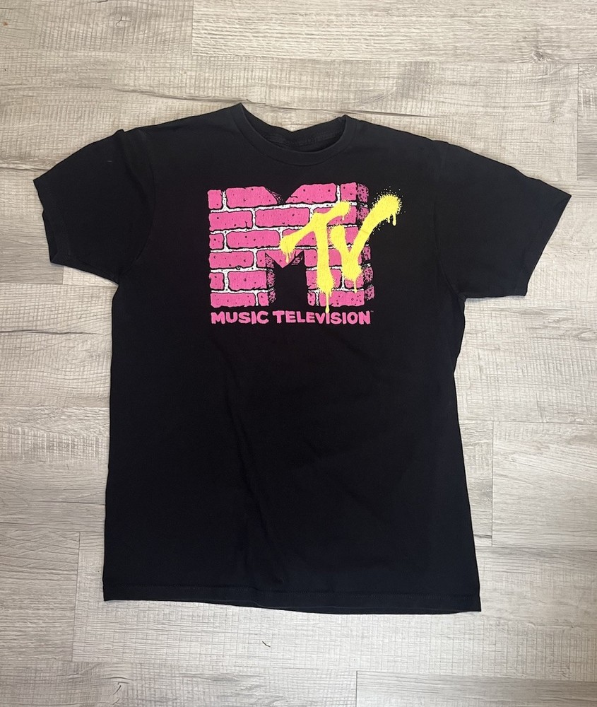 MTV Music Television Men’s Black/Pink Graphic T-Shirt, Size L, 100% Cotton