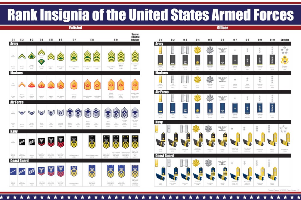 US Military Ranks Poster, United States Enlisted and Officer Insignia Poster Art