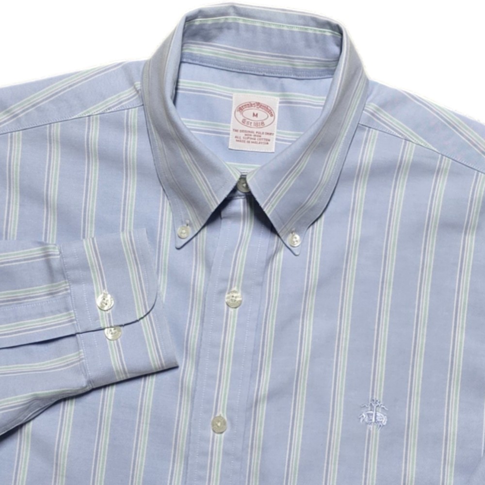 Brooks Brothers Oxford Button-Down Blue Striped Shirt Mens Medium Non-Iron