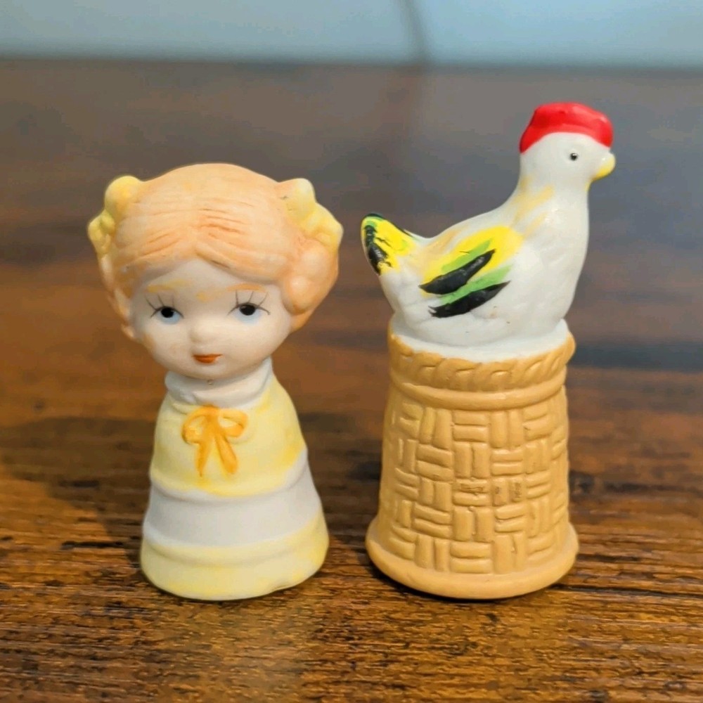 Ceramic Chicken & Girl Salt & Pepper Shaker Set Yellow White Red Black