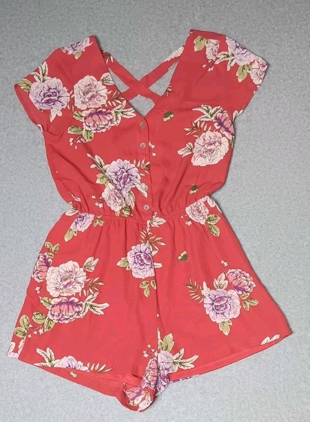 As U Wish Shorts Romper Womens Size Small Red Floral Button Up Cross Back...