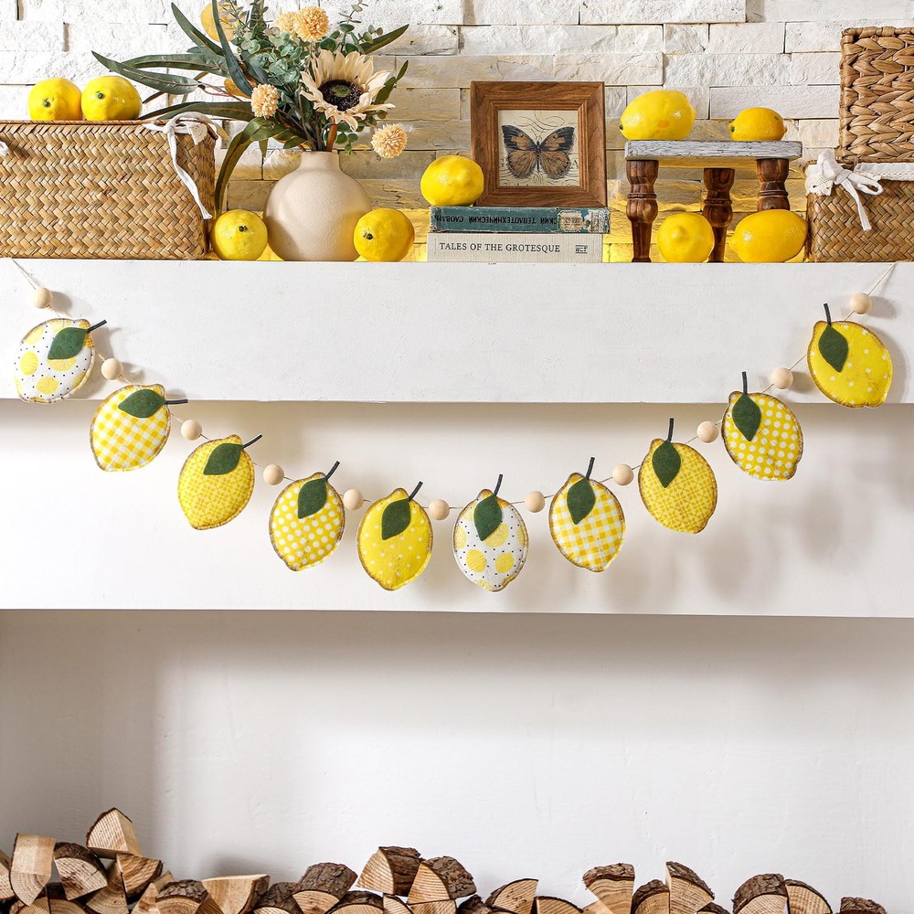 Lemon Felt Banner Garland Decor Vintage 3D Fruit Hanging Garland with Wooden ...