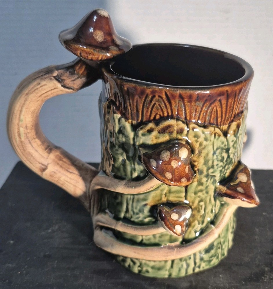 Mushroom 3D Tree Trunk Ceramic Mug Woodland Cottagecore Cup Display Planter