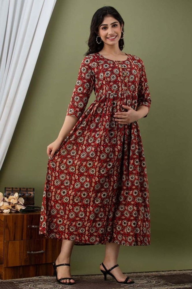 BROWN COLOR COTTON BLOCK Print Maternity Gowns Maxi comfortable casual wear dres