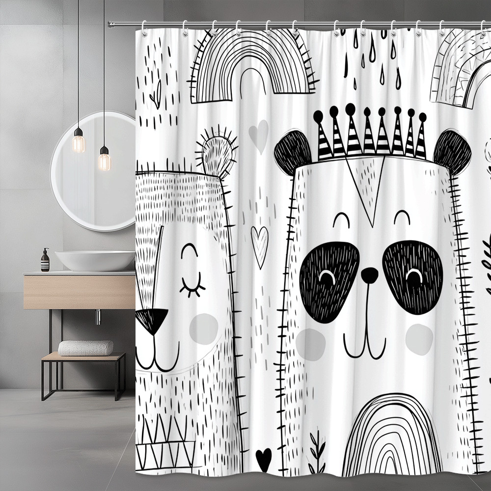 Panda Bear Print Shower Curtain Black White Kids Decor