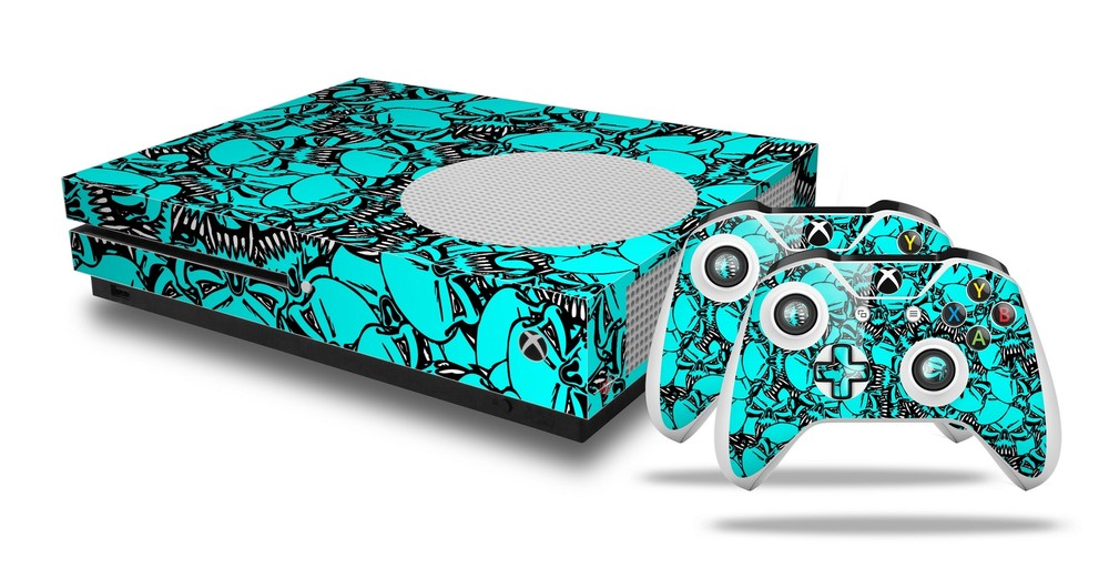 Skin XBOX One S Console Controller Scattered Skulls Neon Teal