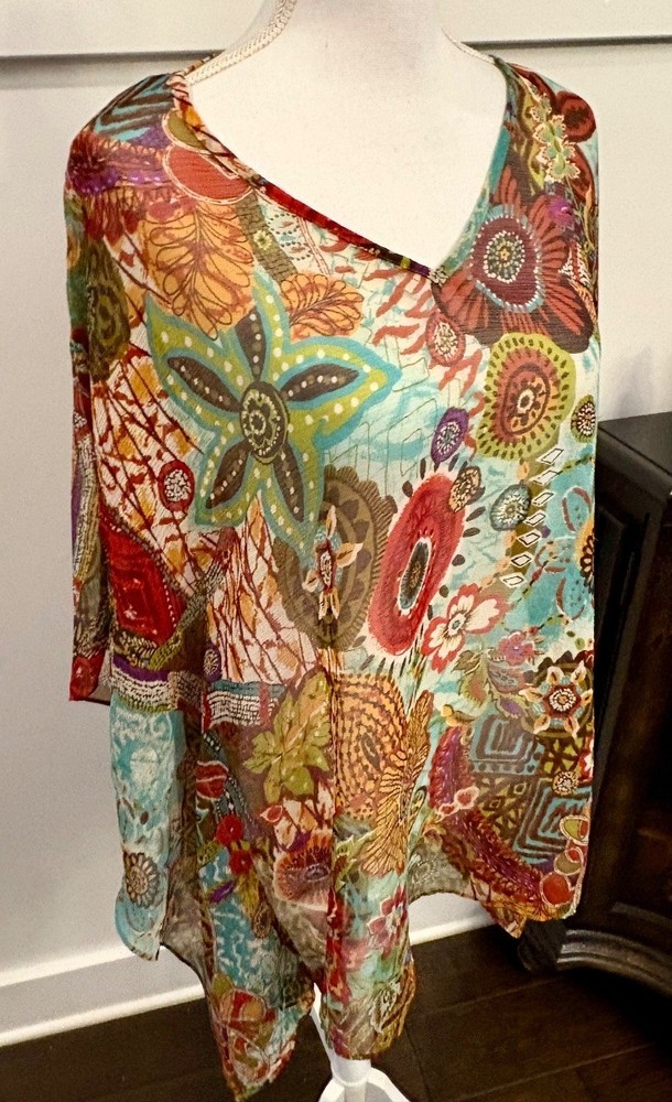 Susan Graver Women's Tunic V-Neck Long Sleeve Size XL Multicolor Floral