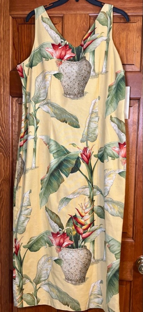 Vtge Tropical Banana Leaf Floral Beaded Shift Dress 90s Resort Wear Cruise Luau