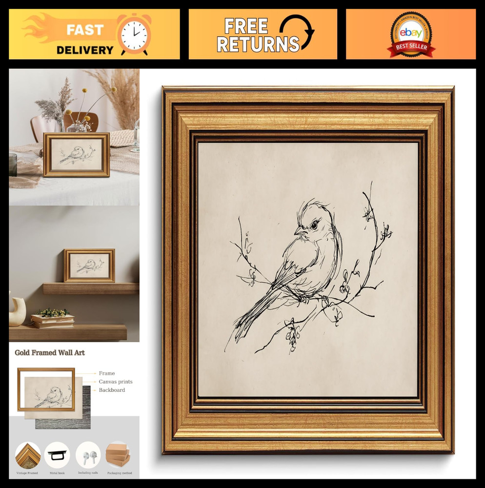 Vintage Gold Framed Birds Canvas Art - Rustic Farmhouse Wall Decor 8x10