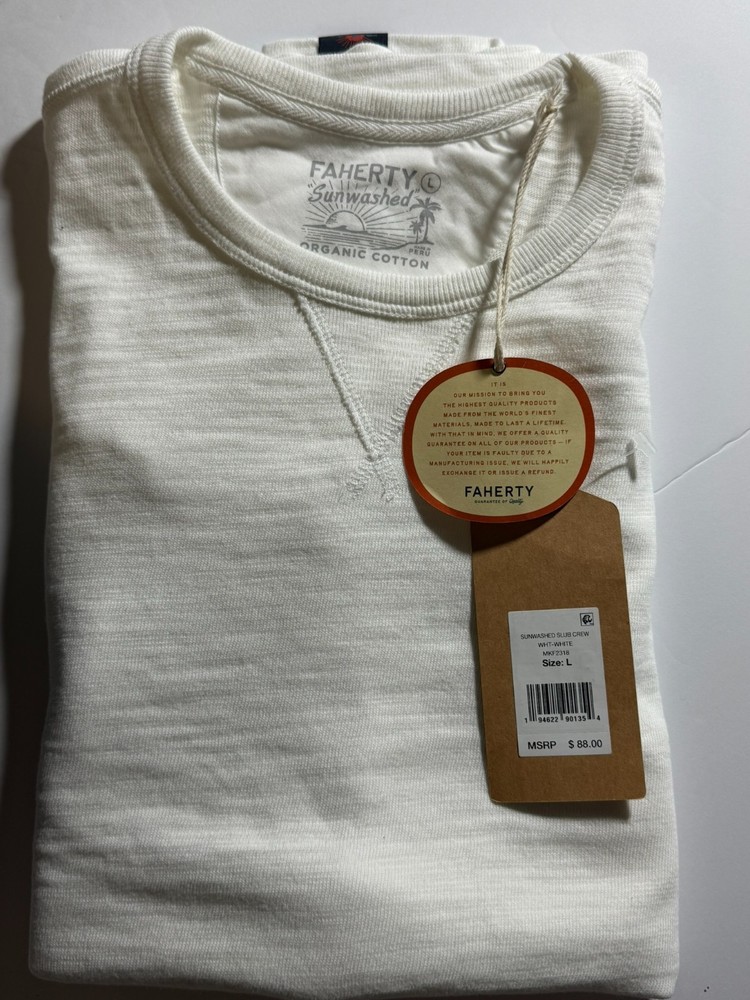 NWT Faherty Sunwashed Organic Cotton Slub Crew T-Shirt Size L White MSRP $88