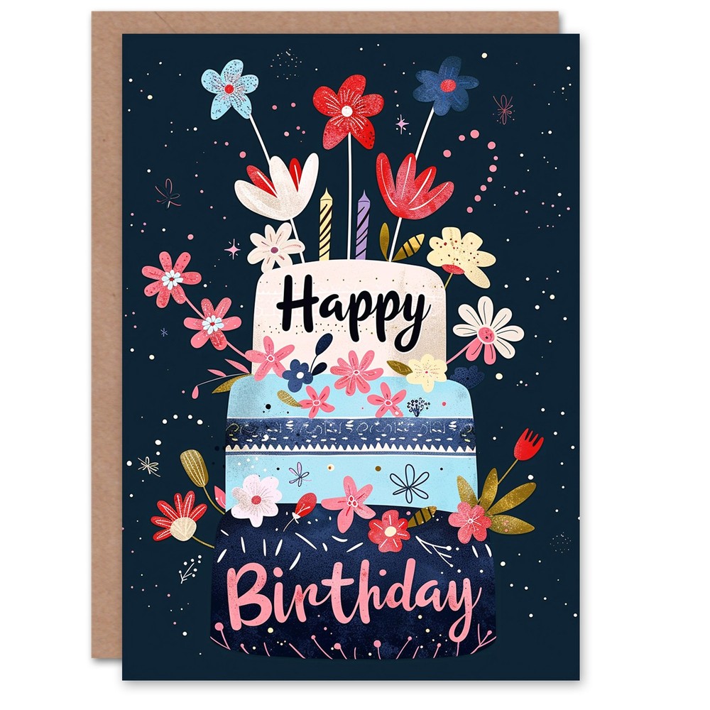 Birthday Card Floral Cake Flowers and Candles For Her Woman Greeting Card