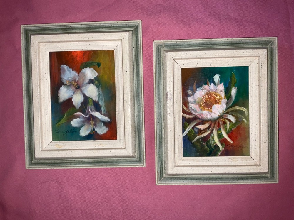 Still life Hawaii flowers original oil pair PAINTINGS signed vintage