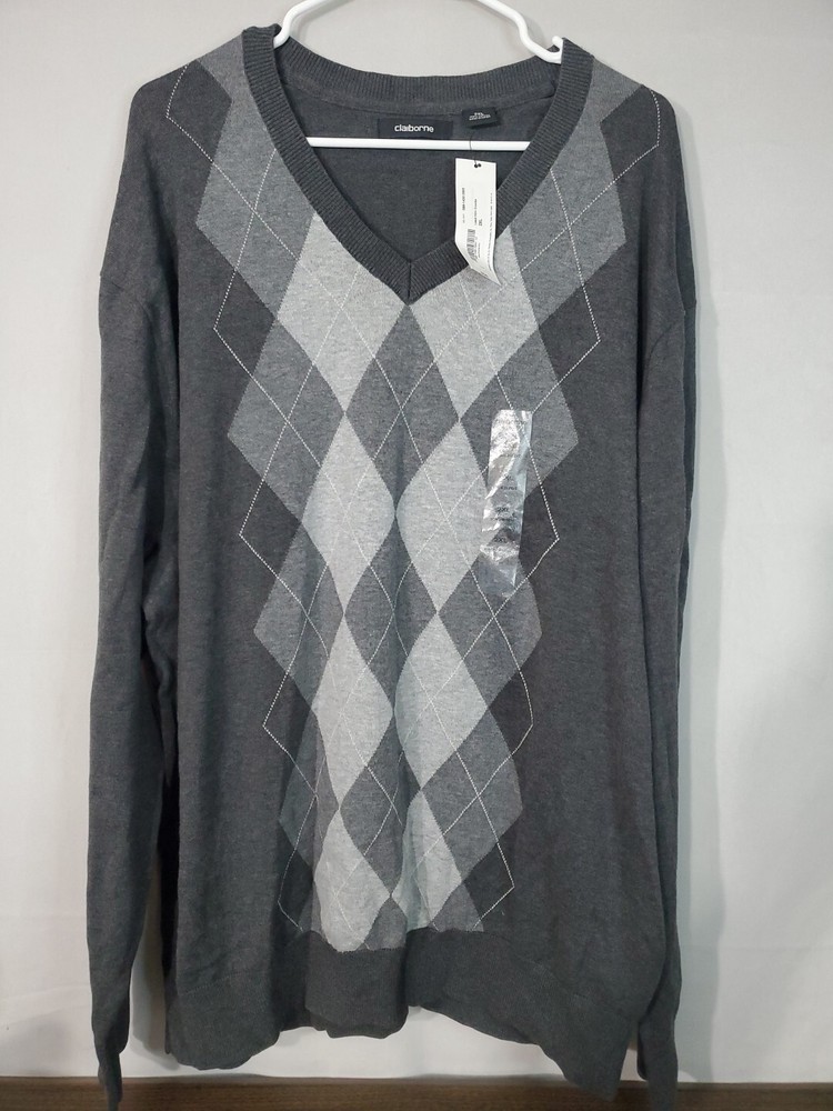 Claiborne Men's Size 2XL Pullover Sweater Argyle Diamond V-Neck Long Sleeve