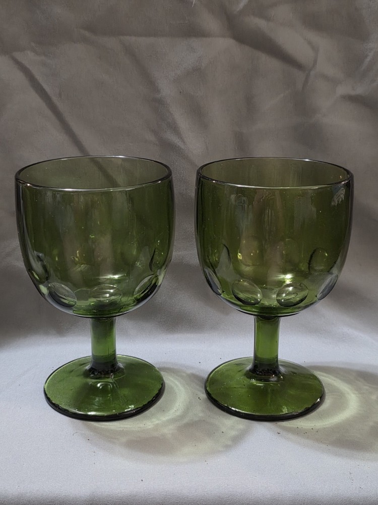 Vintage Set Of 2 Bartlett Collins Avocado Green Water Goblets With A Coin Dot...