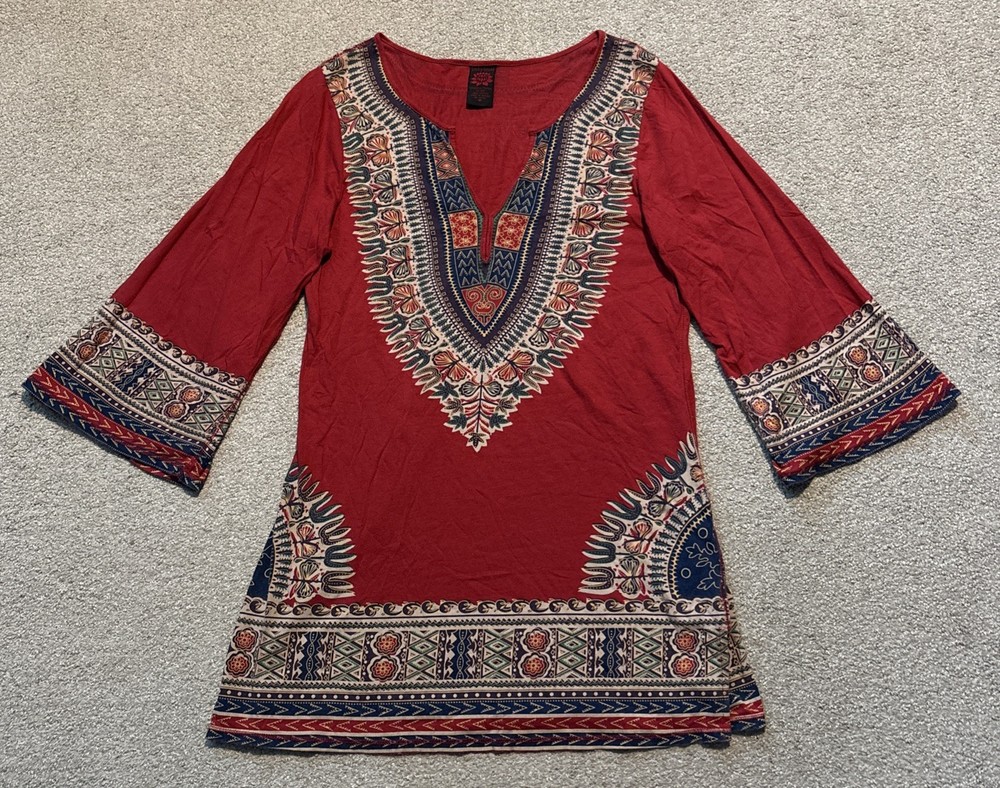 Lucky Brand Womens 100% Cotton Top Tunic Side Slits Sz M Red Multi 3/4 Sleeve