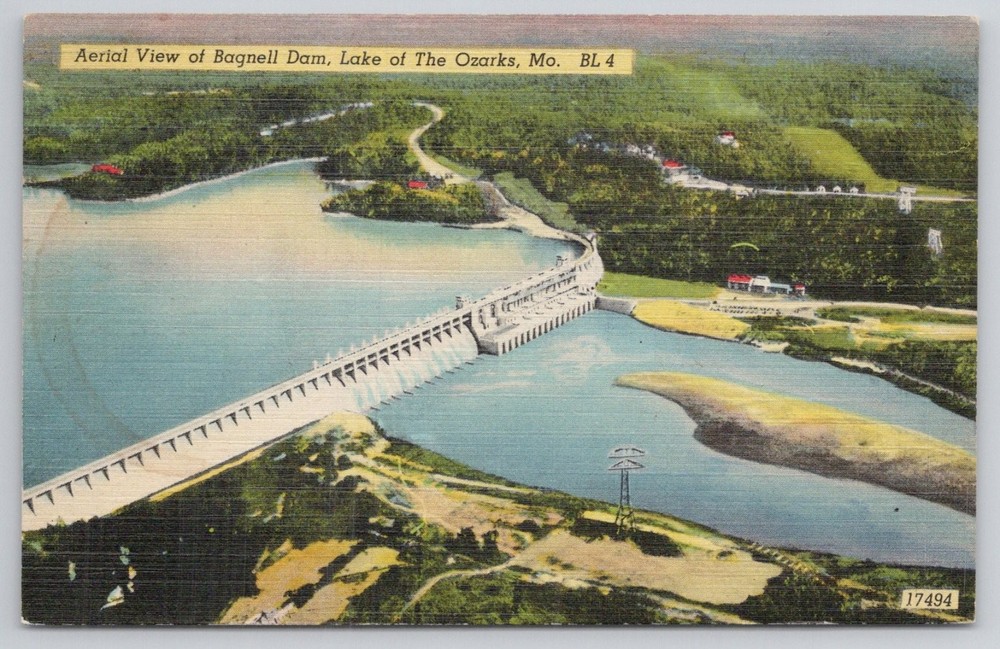 Vintage Linen Postcard: Aerial Bagnell Dam Lake of the Ozarks Missouri MO BL4