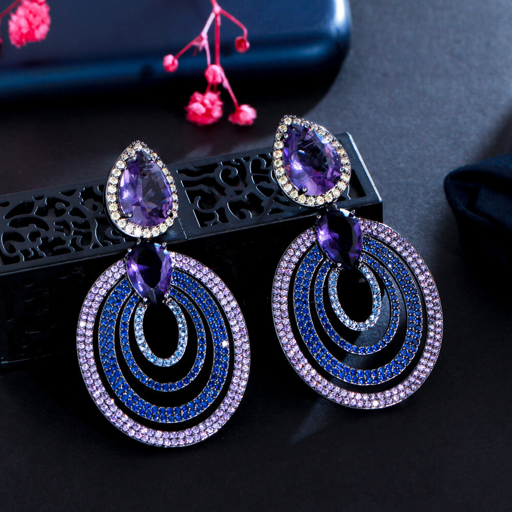 Creative Multi Layer Big Round Blue Purple CZ Long Drop Dangle Earring for Women
