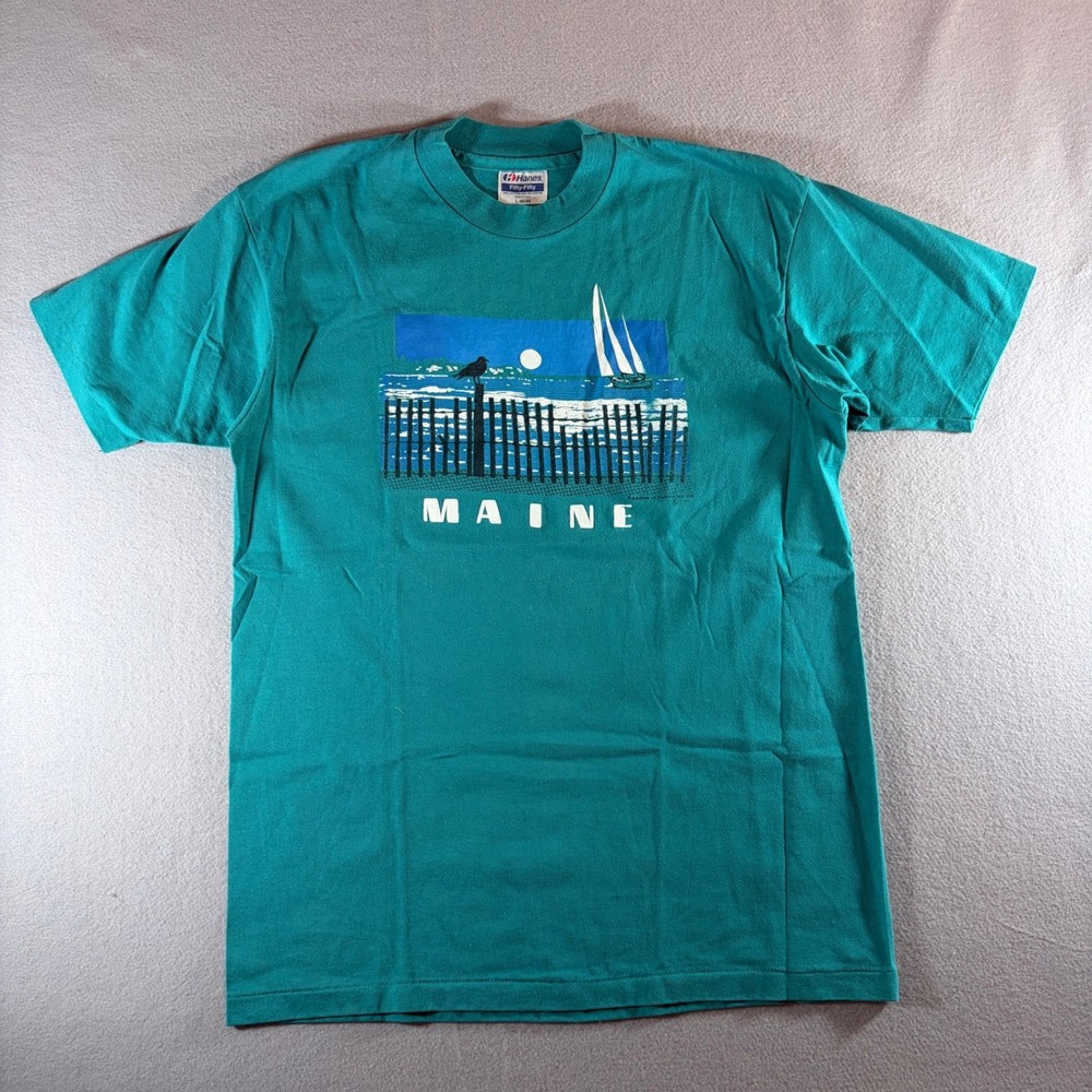 Hanes Fifty-Fifty Maine Graphic T-Shirt Mens Large Teal Vintage 80s 90s USA Made