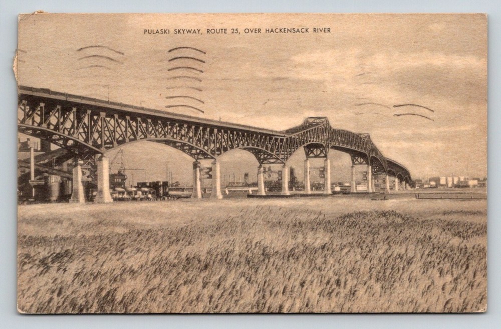 1942 Pulaski Skyway NJ Postcard, Hackensack River Bridge, Perth Amboy Postmark