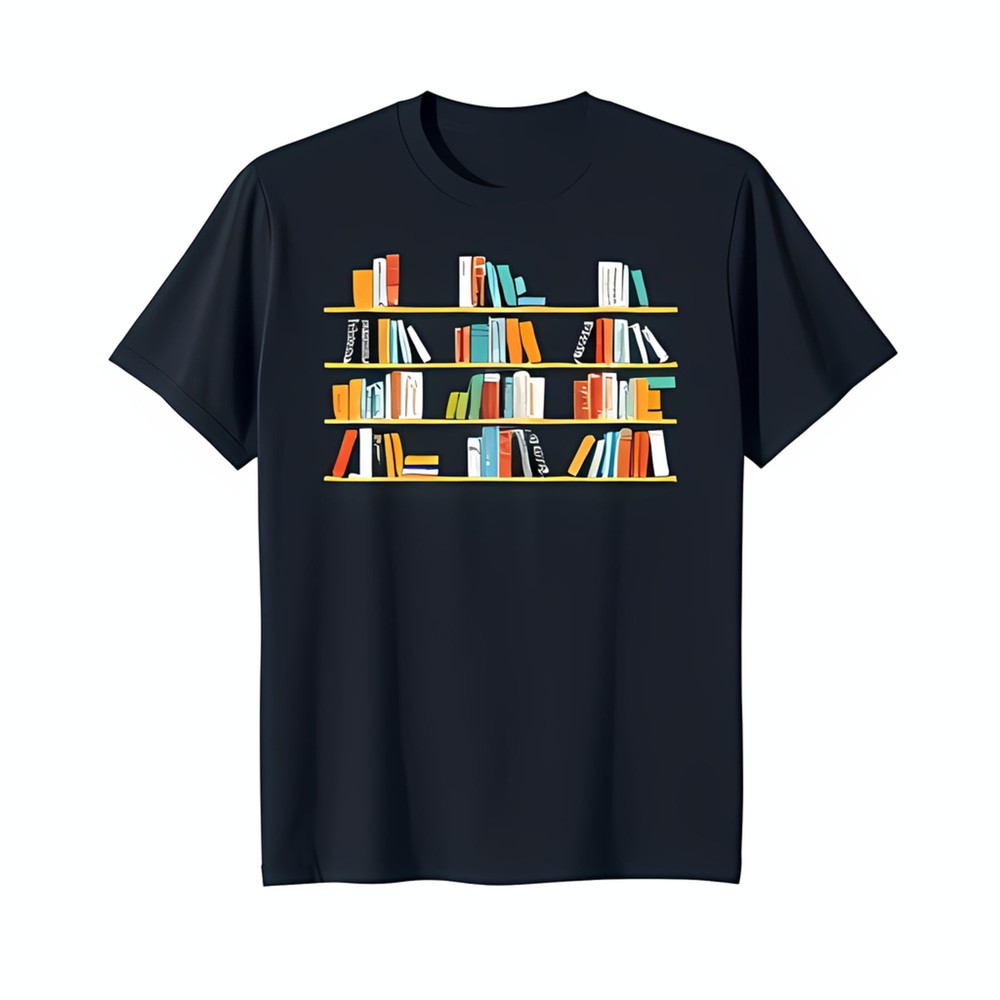 Classic Black T-Shirt with Vibrant Bookshelf Graphic for Book Lovers