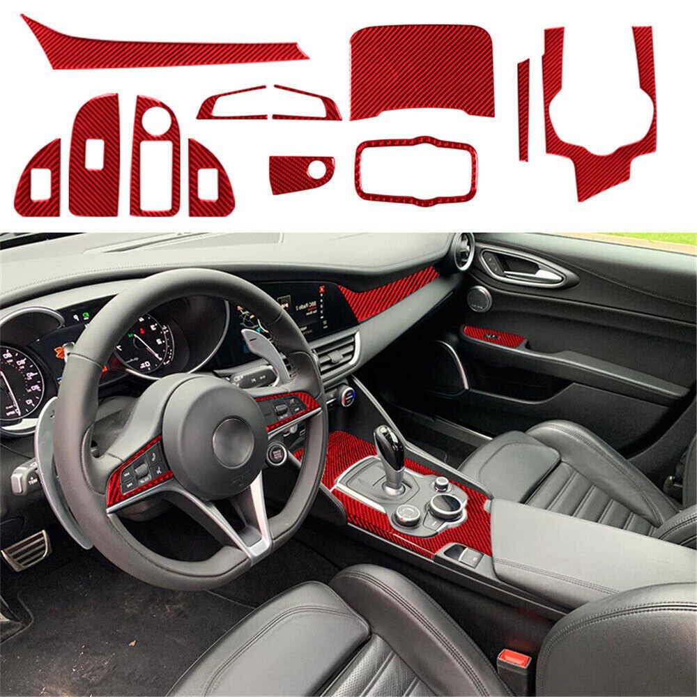 12Pcs Red Carbon Fiber Interior Trim Kit for Alfa Romeo Giulia 2017-2019
