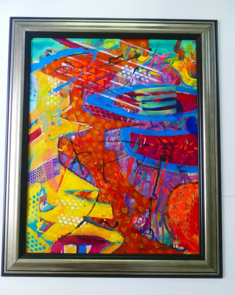 Modern art abstract acrylic painted on paper gallery finished with frame silver-image