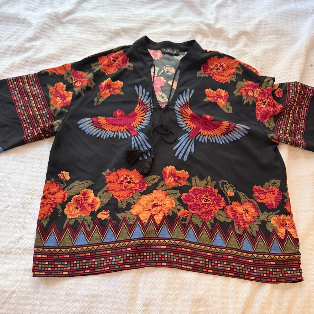 Rachel Zoe Women’s Boho Bird Floral Print Blouse Top Black Multi Size L Tassel T