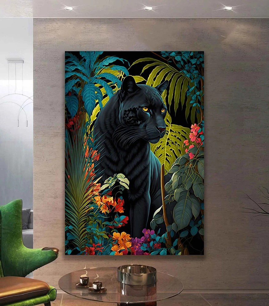 Black Panther Leopard in The Jungle Flowers Wall Art Canvas Unframed Print Art