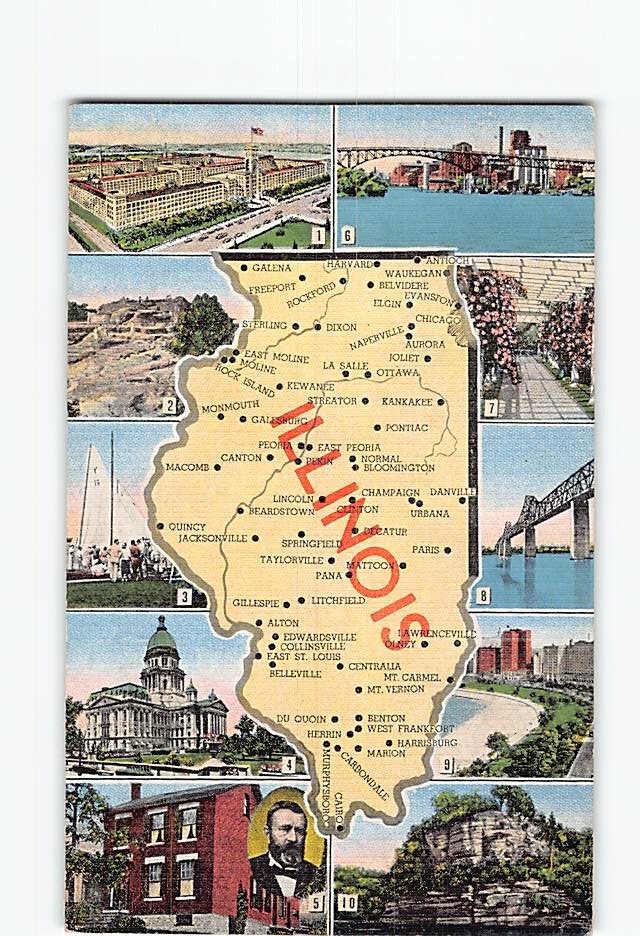 Postcard Vintage Illinois State Map Cities Landmarks USA North America