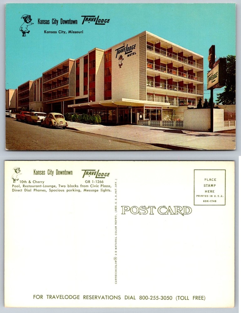Vintage Travelodge Motel Postcard Kansas City Downtown Missouri 1960s Cars