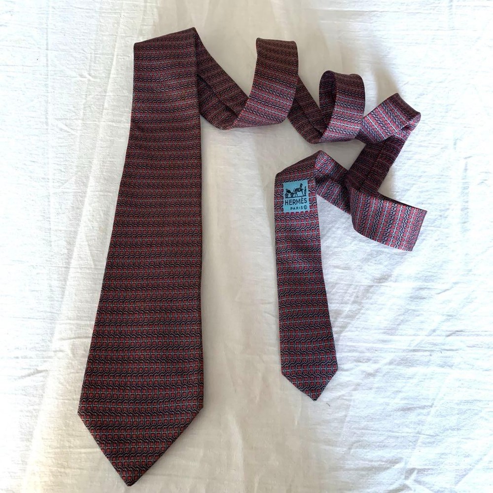 HERMES Necktie Tie All over chain pattern 100% Silk Men's Made in France Red