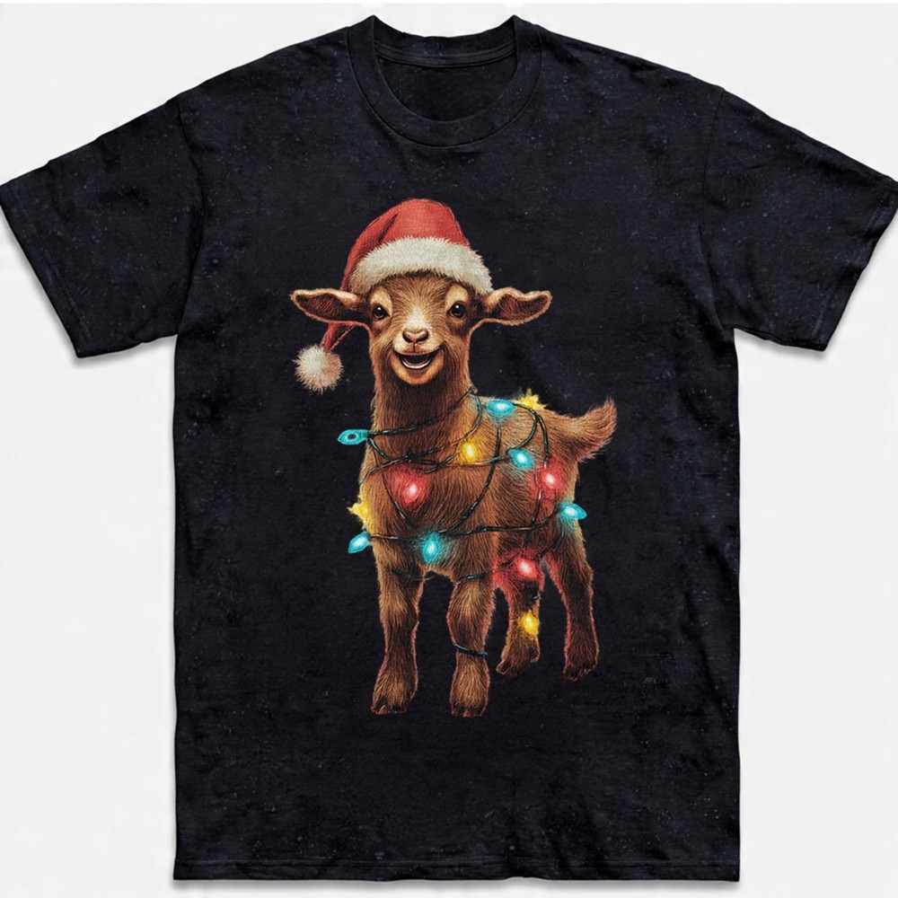Cute Christmas Goat T-Shirt Baby Farm Animal Santa Hat Lights Holiday Sweatshirt