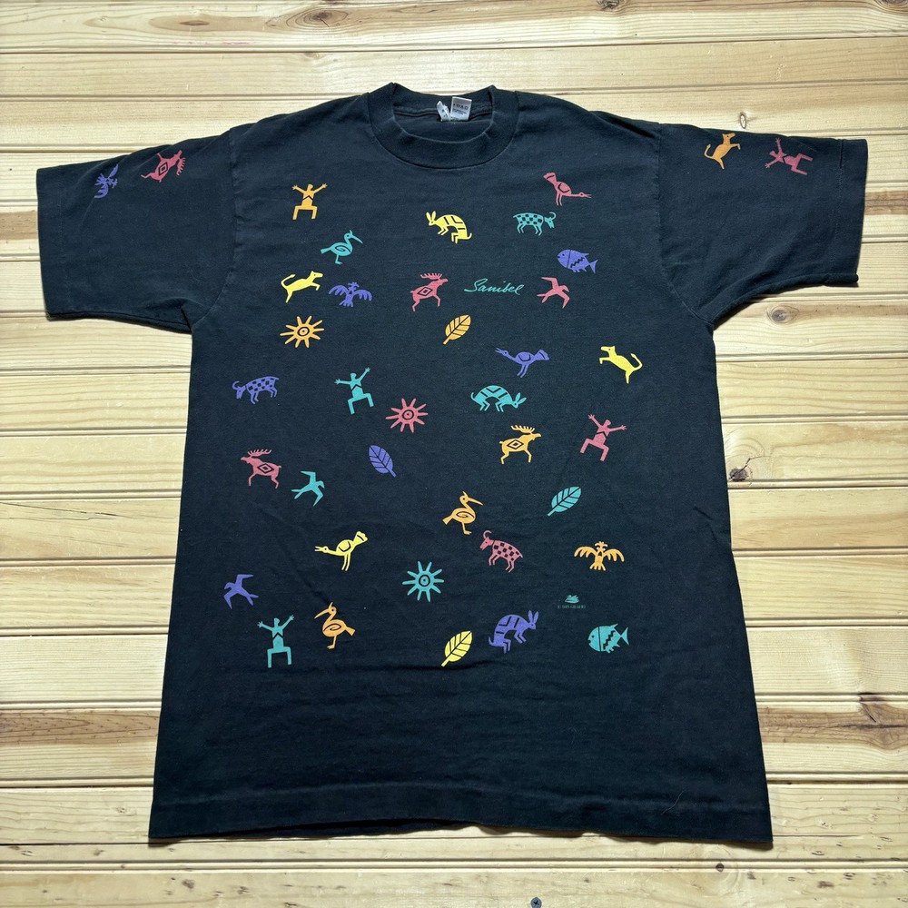Vintage 90s Sanibel Cave Drawings All Over Print Wildlife Nature Shirt Size L
