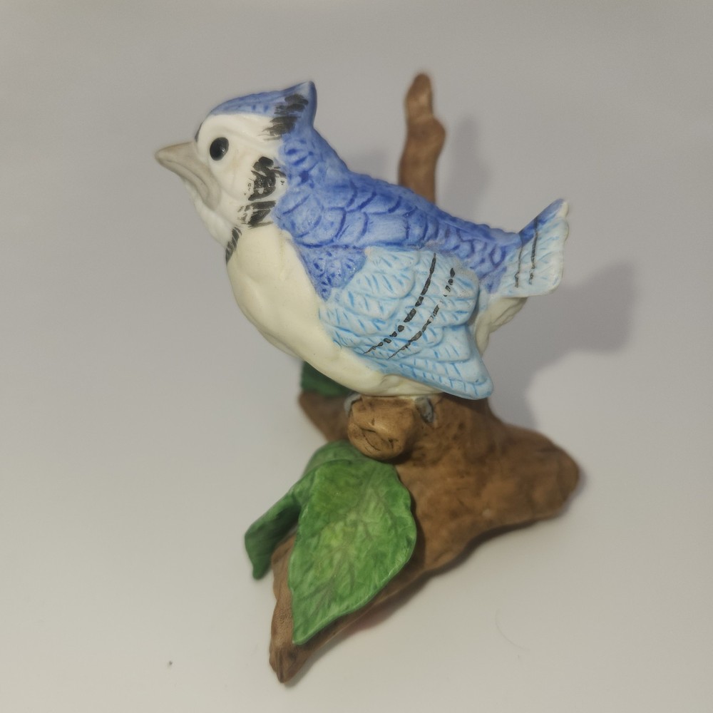 Vintage Lefton Blue Jay Bird Figurine Taiwan Porcelain Ceramic Bird on Branch