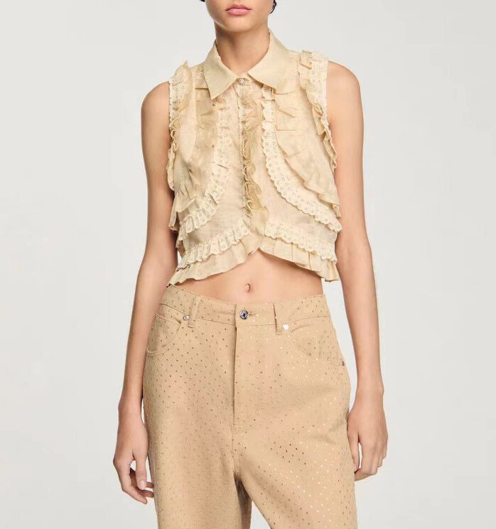 Women Sandro Collared Lace Sleeveless Short Tank Top