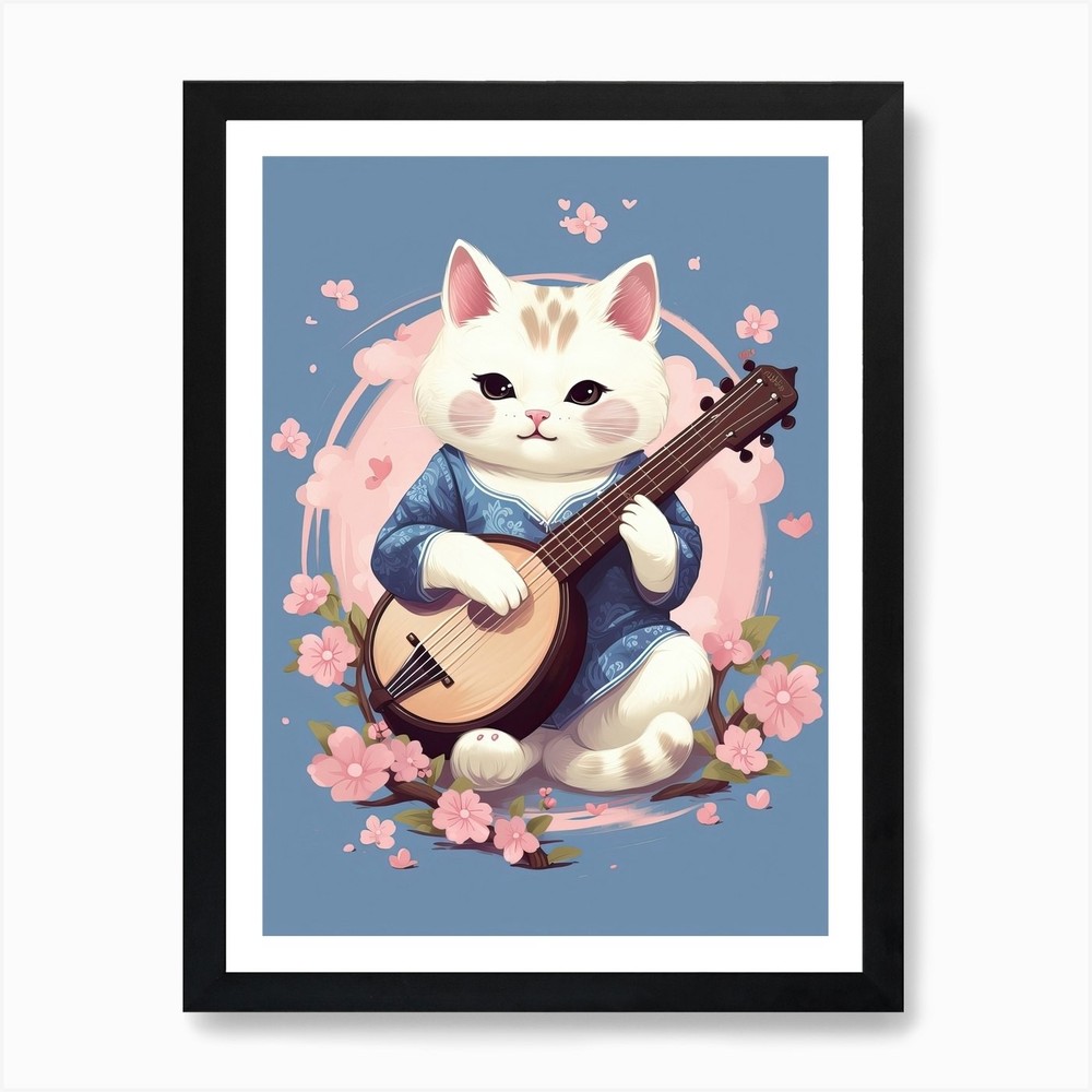 Kawaii Cat Drawings Playing Music 4 Framed Wall Art Poster Canvas Print Picture