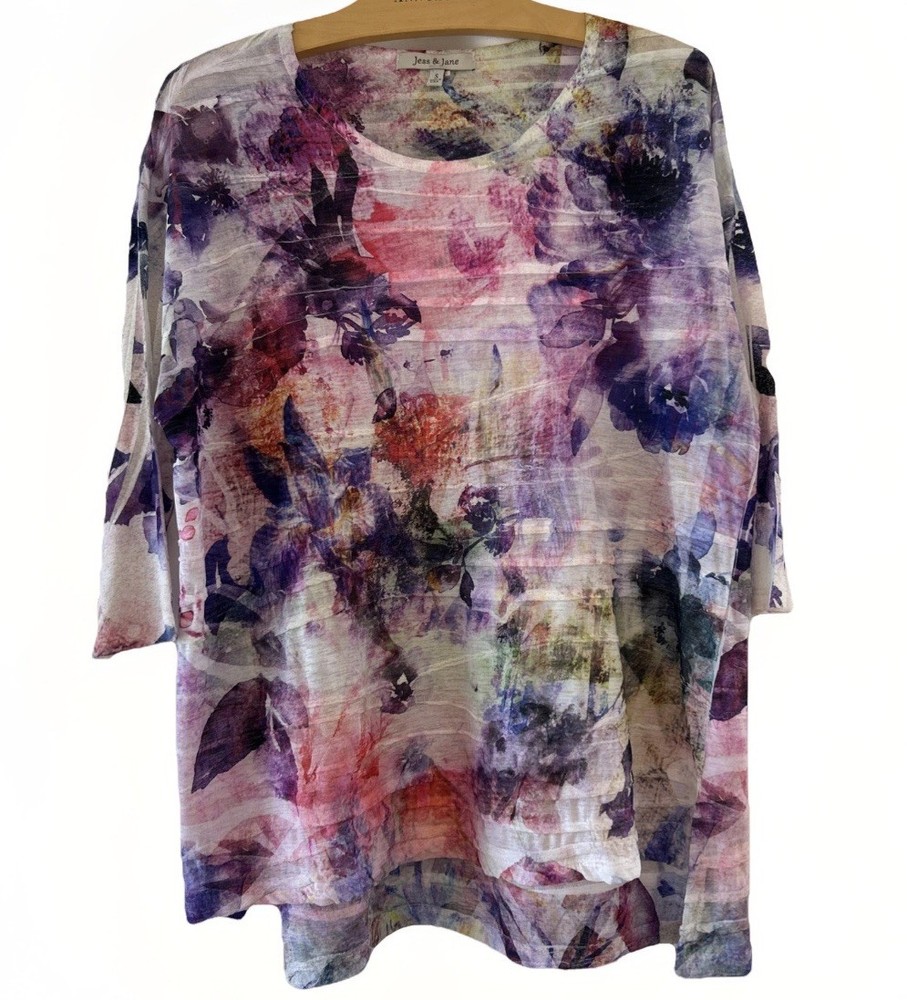 Jess  & Jane Women Tunic Top  S Multi Floral Abstract  Lightweight Layering USA