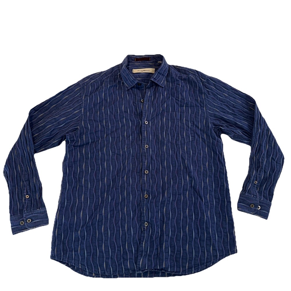 TOMMY BAHAMA Blue Waves Striped Cotton Silk Button Up  Pocket Men’s Size Sm #155