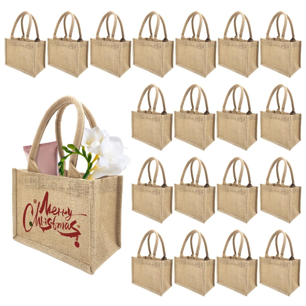 20 Pack Jute Tote Bags Burlap Tote Bags Reusable Beach Bag Blank Canvas Groce...