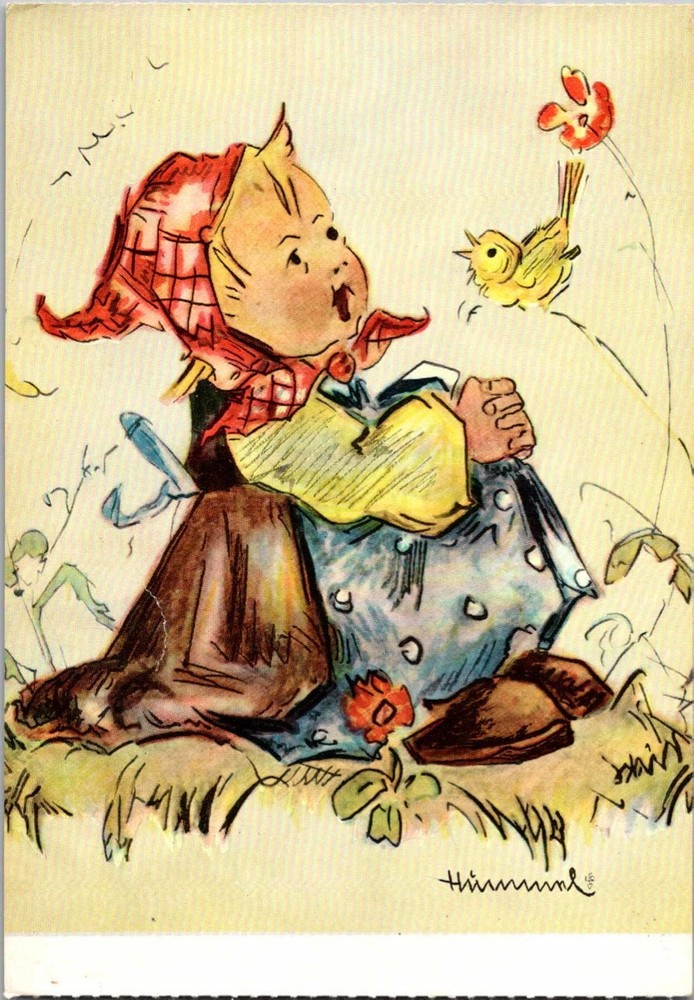 Child Girl Bird Flowers Illustration Printed in Germany Continental Postcard