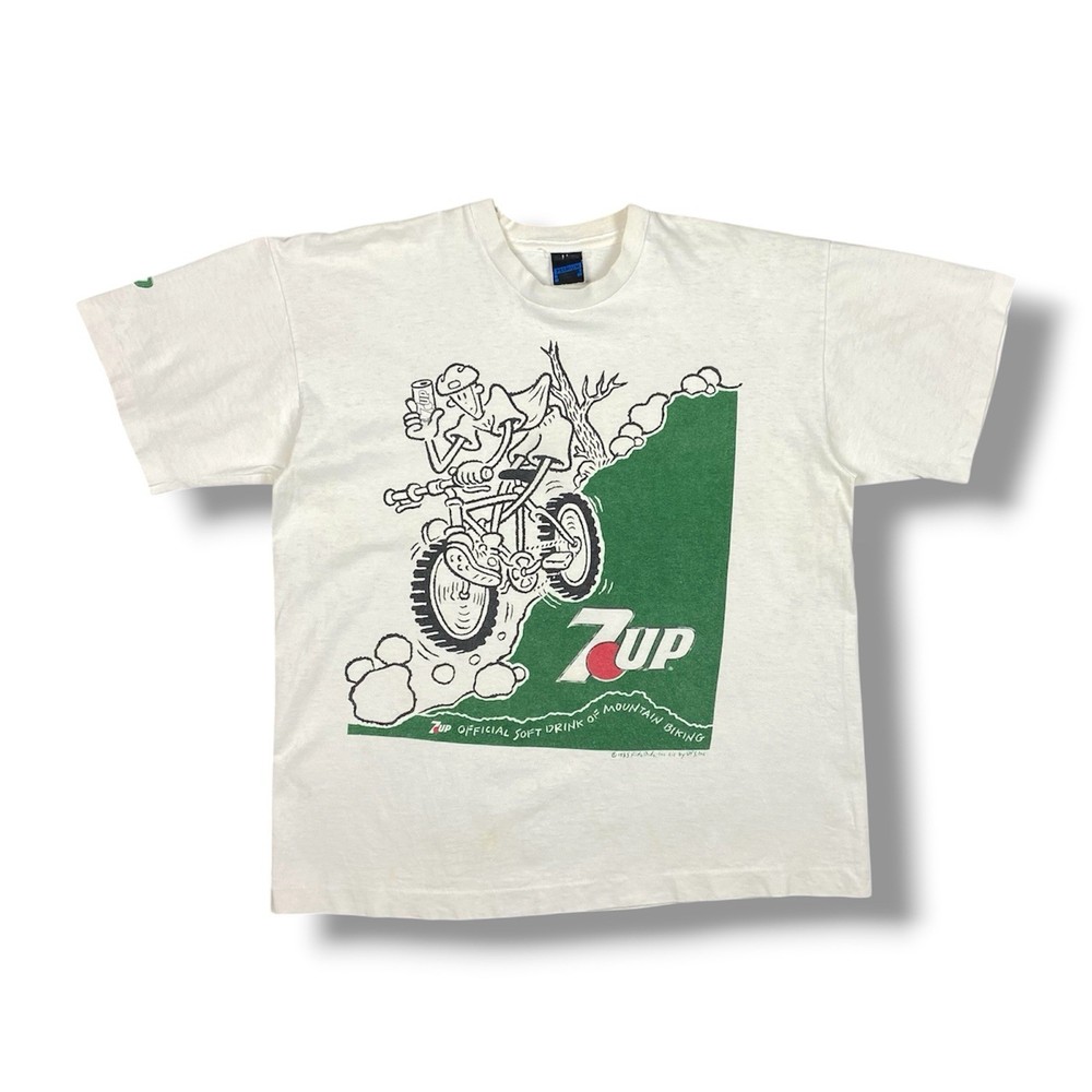 Vintage 7UP 1985 Mountain Biking Graphic T-Shirt Single Stitch Promo USA Made L