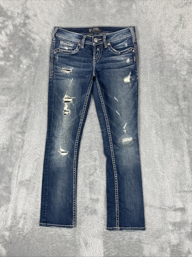 Silver Jeans Women's W26/L31* Blue Aiko Baby Boot Distressed Thick Stitch Pants