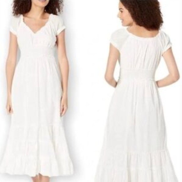 Betsey Johnson Milkmaid Midi Dress Womens XL White Swiss Dot Tiered Ruffle Boho