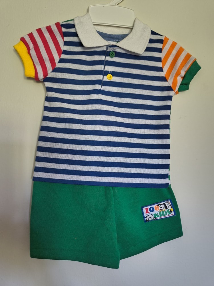 Vintage Buster Brown Baby Boy Set Shirt Shorts SZ 12 Months Stripped Green...