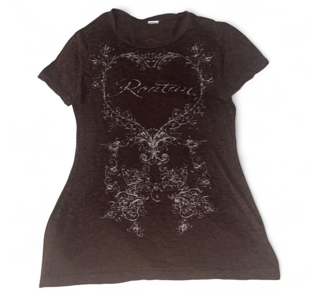 Brown & Black Embroidered Heart T-Shirt | Size Medium | Y2K Goth-Grunge