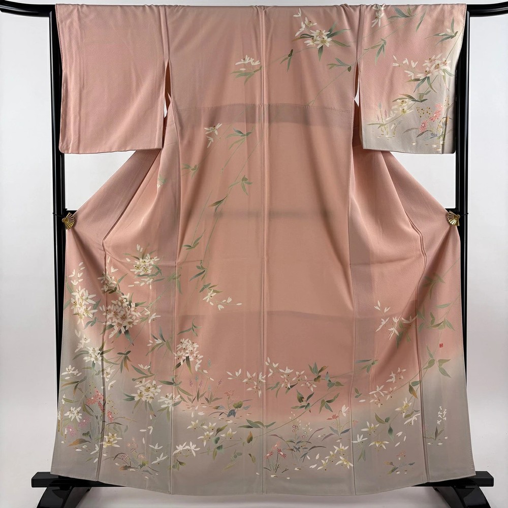Pink Beige Silk Homongi Kimono M Used Signed Branches Design 164cm Length