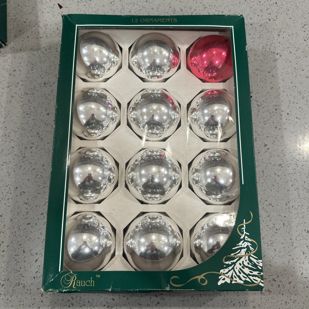 Vintage Set of 11 Rauch Silver Glass Balls Christmas Tree Ornaments One Red